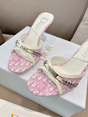 DIOR 26S KITTEN HEEL SLIDE SANDALS 85MM IN PINK MONOGRAM CANVAS CALFSKIN CHAIN STRAP