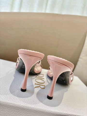 DIOR 26S KITTEN HEEL SANDALS 85MM IN PINK CALFSKIN BOW STUDDED