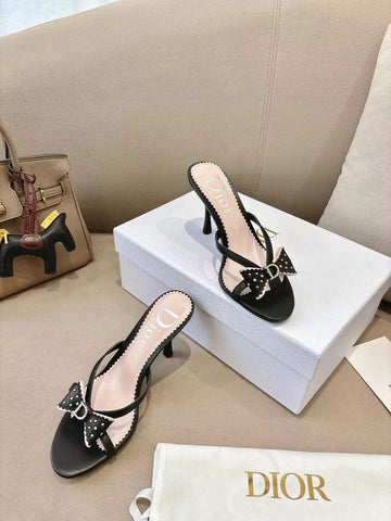 DIOR 26S KITTEN HEEL SANDALS 85MM IN BLACK CALFSKIN BOW STUDDED