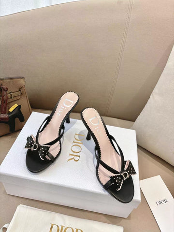 DIOR 26S KITTEN HEEL SANDALS 85MM IN BLACK CALFSKIN BOW STUDDED