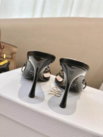 DIOR 26S KITTEN HEEL SANDALS 85MM IN BLACK CALFSKIN BOW STUDDED