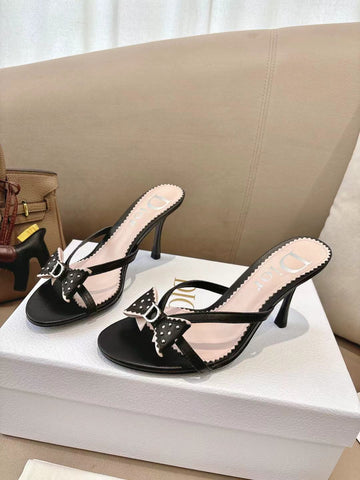 DIOR 26S KITTEN HEEL SANDALS 85MM IN BLACK CALFSKIN BOW STUDDED