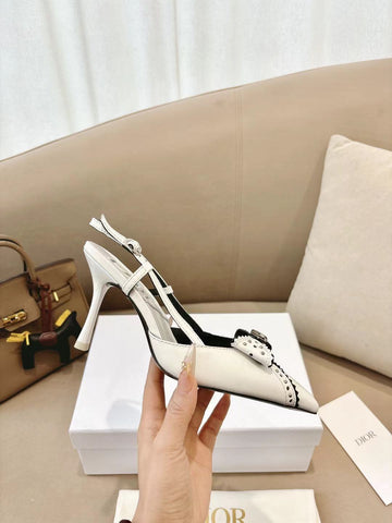 DIOR 26S SLINGBACK KITTEN HEEL PUMPS 85MM IN WHITE CALFSKIN STUDDED BOW STRAP