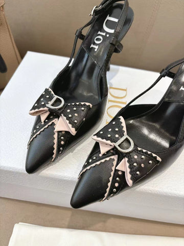 DIOR 26S SLINGBACK KITTEN HEEL PUMPS 85MM IN BLACK CALFSKIN STUDDED BOW STRAP