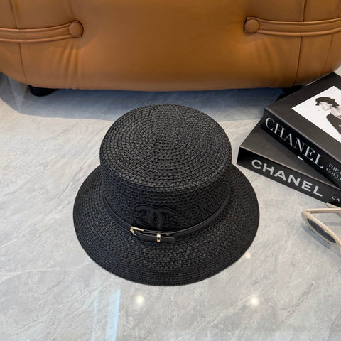 CHANEL 26S FLAT-BRIM STRAW HAT WITH RAISED CC LOGO 338106