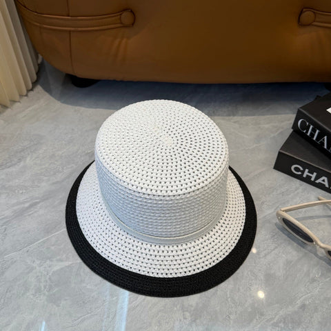 CHANEL 26S FLAT-BRIM STRAW HAT WITH RAISED CC LOGO 338109