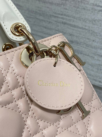 MEDIUM LADY BAG 20 IN BABY PINK QUILTED MACROCANNAGE CALFSKIN WHITE STRAP