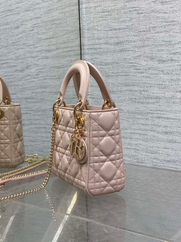 DIOR 25S MINI LADY DIOR BAG 17 IN PINK CALFSKIN CHARM CRYSTAL EMBELLISHMENTS