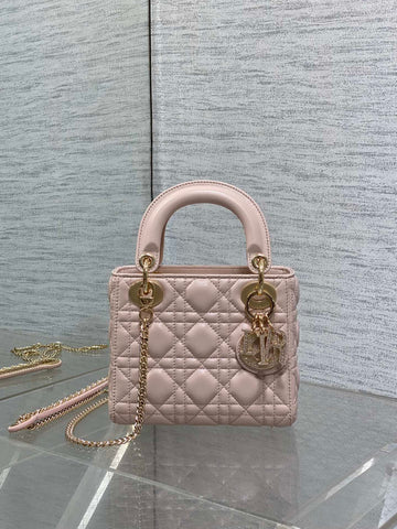 DIOR 25S MINI LADY DIOR BAG 17 IN PINK CALFSKIN CHARM CRYSTAL EMBELLISHMENTS