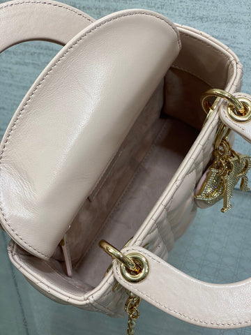 DIOR 25S MINI LADY DIOR BAG 17 IN PINK CALFSKIN CHARM CRYSTAL EMBELLISHMENTS