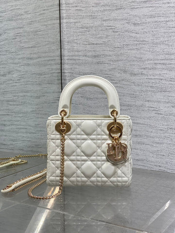 DIOR 25S MINI LADY DIOR BAG 17 IN IVORY CALFSKIN CHARM CRYSTAL EMBELLISHMENTS