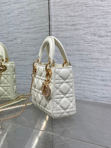 DIOR 25S MINI LADY DIOR BAG 17 IN IVORY CALFSKIN CHARM CRYSTAL EMBELLISHMENTS