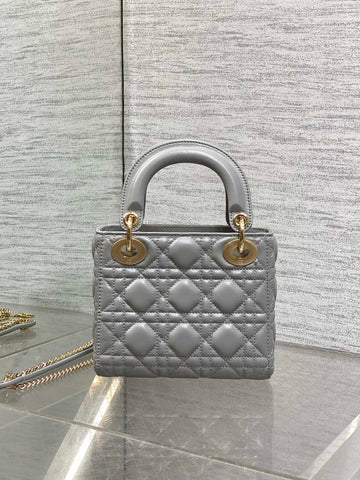 DIOR 25S MINI LADY DIOR BAG 17 IN DARK GRAY CALFSKIN CHARM CRYSTAL EMBELLISHMENTS
