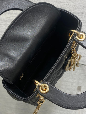 DIOR 25S MINI LADY DIOR BAG 17 IN BLACK CALFSKIN CHARM CRYSTAL EMBELLISHMENTS
