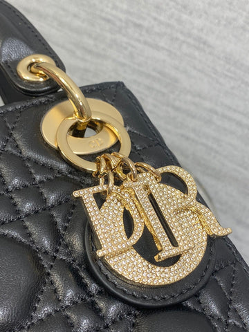 DIOR 25S MINI LADY DIOR BAG 17 IN BLACK CALFSKIN CHARM CRYSTAL EMBELLISHMENTS