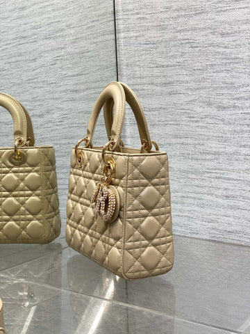 DIOR 25S LADY DIOR BAG 20 IN SAND BEIGE CALFSKIN CHARM PEARL EMBELLISHMENTS