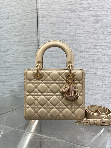 DIOR 25S LADY DIOR BAG 20 IN SAND BEIGE CALFSKIN CHARM PEARL EMBELLISHMENTS