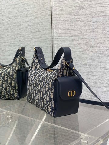 DIOR 25S MEDIUM D-DREAM BAG 24 IN BLUE DIOR OBLIQUE JACQUARD AND SMOOTH CALFSKIN
