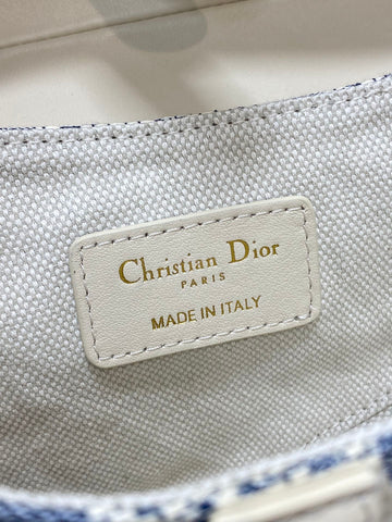 DIOR 25S MINI SOFT SADDLE BAG 19 IN BLUE DIOR OBLIQUE CHAMBRAY AND IVORY SMOOTH CALFSKIN