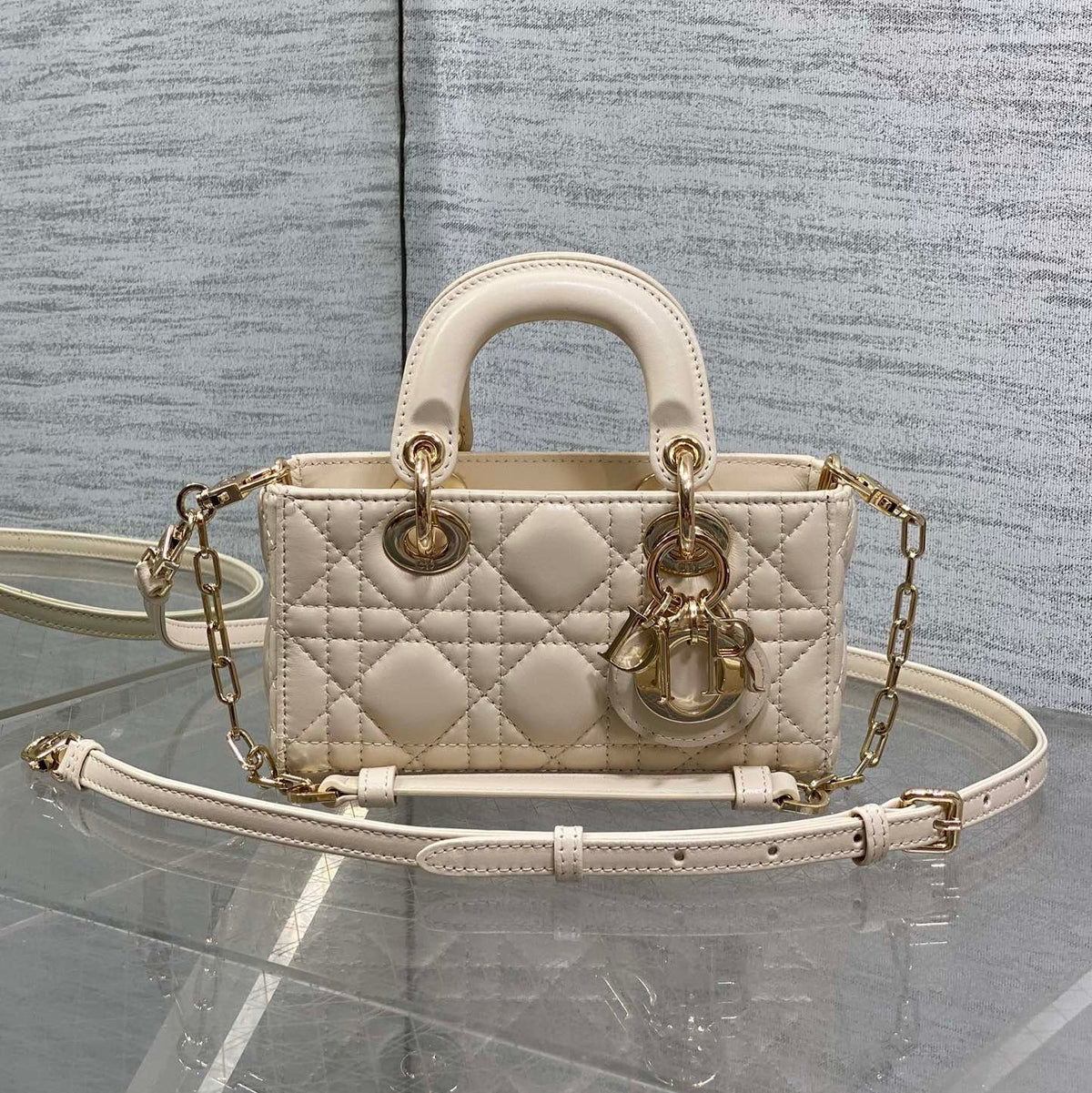 DIOR 25S MICRO LADY D-JOY 16 IN BEIGE LAMBSKIN GOLD HARDWRE