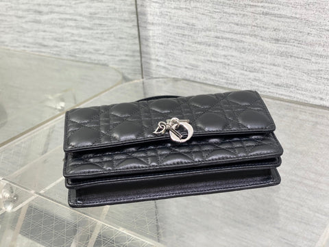 DIOR 25S DIOR TALK PHONE POUCH 21 IN BLACK CANNAGE LAMBSKIN SILVER HARDWARE