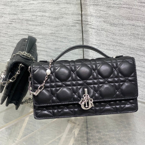 DIOR 25S DIOR TALK PHONE POUCH 21 IN BLACK CANNAGE LAMBSKIN SILVER HARDWRE