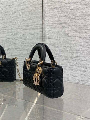 DIOR 25S SMALL LADY D‑JOY BAG 22 IN BLACK CALFSKIN GOLD HARDWARE