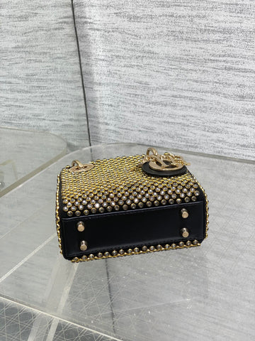 DIOR 25S MINI LADY D-LITE BAG 12 IN BLACK CANVAS AND CALFSKIN CRYSTAL-STUDDED