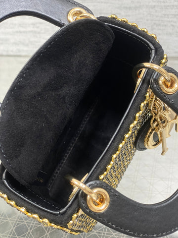 DIOR 25S MINI LADY D-LITE BAG 12 IN BLACK CANVAS AND CALFSKIN CRYSTAL-STUDDED