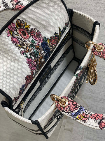 DIOR 25S SMALL LADY D-LITE BAG 24 IN WHITE RED DIOR STAR EMBROIDERY