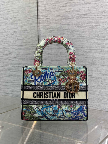 DIOR 25S SMALL LADY D-LITE BAG 24 IN BLUE AND WHITE CANVAS FLORAL EMBROIDERY