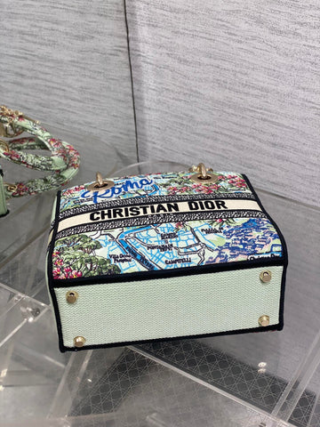DIOR 25S SMALL LADY D-LITE BAG 24 IN BLUE AND WHITE CANVAS FLORAL EMBROIDERY