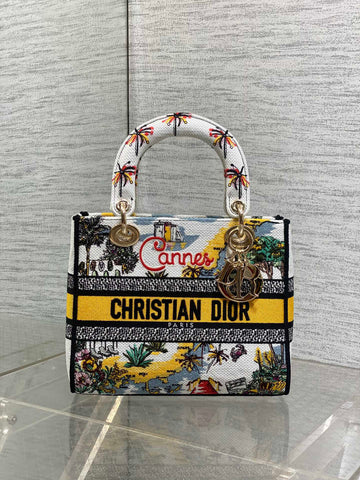 DIOR 25S SMALL LADY D-LITE BAG 24 IN YELLOW CANVAS DIOR CANNES