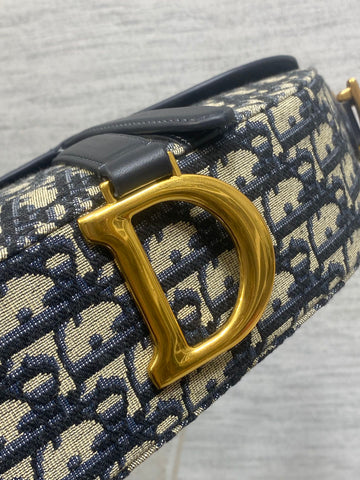 DIOR 25S MINI SOFT SADDLE BAG 19 IN BLUE DIOR OBLIQUE JACQUARD AND SMOOTH CALFSKIN