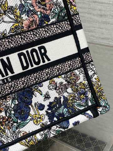 DIOR 25S LUCKY SMALL DIOR BOOK TOTE 26 IN MULTICOLOR DIOR FLOWERS CALENDAR ALLOVER EMBROIDERY