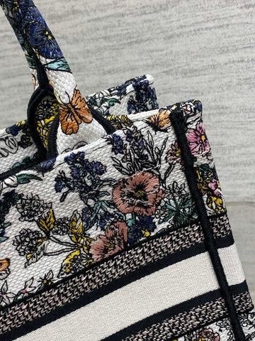 DIOR 25S LUCKY SMALL DIOR BOOK TOTE 26 IN MULTICOLOR DIOR FLOWERS CALENDAR ALLOVER EMBROIDERY