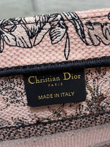 DIOR 25S LUCKY SMALL DIOR BOOK TOTE 26 IN PINK MULTICOLOR DIOR FLOWERS CALENDAR ALLOVER EMBROIDERY
