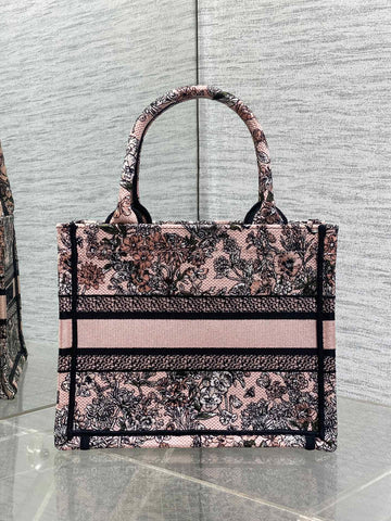 DIOR 25S LUCKY SMALL DIOR BOOK TOTE 26 IN PINK MULTICOLOR DIOR FLOWERS CALENDAR ALLOVER EMBROIDERY