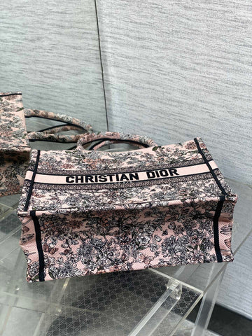 DIOR 25S LUCKY MEDIUM DIOR BOOK TOTE 36 IN PINK MULTICOLOR DIOR FLOWERS CALENDAR ALLOVER EMBROIDERY