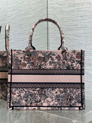 DIOR 25S LUCKY MEDIUM DIOR BOOK TOTE 36 IN PINK MULTICOLOR DIOR FLOWERS CALENDAR ALLOVER EMBROIDERY