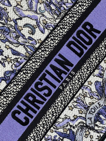 DIOR 25S SMALL BOOK TOTE 26 IN WHITE AND PURPLE DIOR NIGHT OF DREAMS EMBROIDERY
