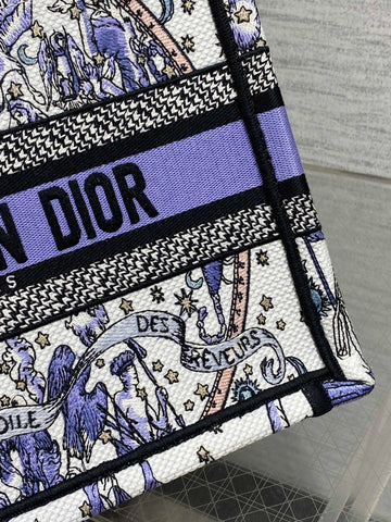 DIOR 25S SMALL BOOK TOTE 26 IN WHITE AND PURPLE DIOR NIGHT OF DREAMS EMBROIDERY