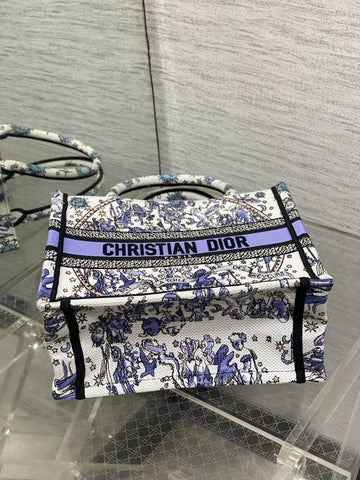 DIOR 25S SMALL BOOK TOTE 26 IN WHITE AND PURPLE DIOR NIGHT OF DREAMS EMBROIDERY