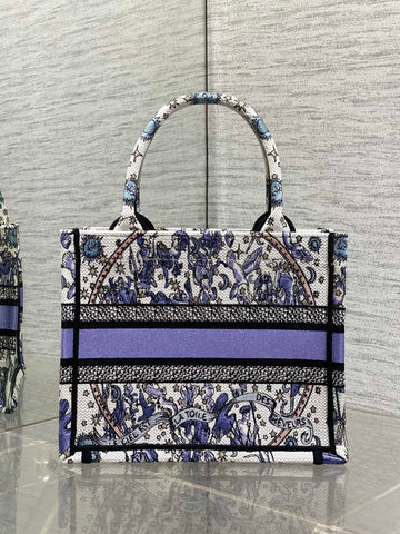 DIOR 25S SMALL BOOK TOTE 26 IN WHITE AND PURPLE DIOR NIGHT OF DREAMS EMBROIDERY