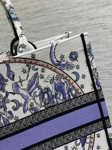 DIOR 25S LARGE BOOK TOTE 42 IN WHITE AND PURPLE DIOR NIGHT OF DREAMS EMBROIDERY