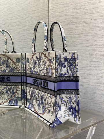 DIOR 25S LARGE BOOK TOTE 42 IN WHITE AND PURPLE DIOR NIGHT OF DREAMS EMBROIDERY