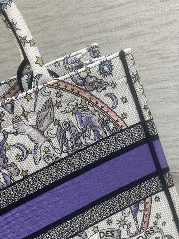 DIOR 25S LUCKY MEDIUM BOOK TOTE 36 IN WHITE AND PURPLE DIOR NIGHT OF DREAMS EMBROIDERY
