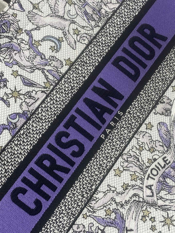 DIOR 25S LUCKY MEDIUM BOOK TOTE 36 IN WHITE AND PURPLE DIOR NIGHT OF DREAMS EMBROIDERY