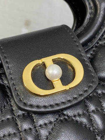 DIOR 25S JOLIE TOP HANDLE MINI BAG 18 IN BLACK CALFSKIN GOLD HARDWARE