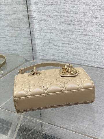 DIOR 25S SMALL LADY D‑JOY BAG 19 IN DARK BEIGE CANNAGE CALFSKIN GOLD HARDWARE